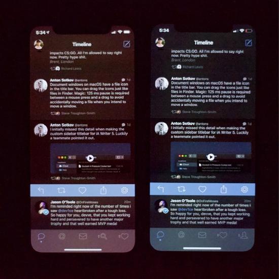 ? 照片： U/DEFYING 帖子作者称，iPhone Xs屏幕在最小亮度值下看起来“非常糟糕”；他附上了iPhone X上的照片作为比对。